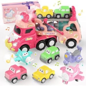 Camión de juguete con luces y música con 6 coches pequeños