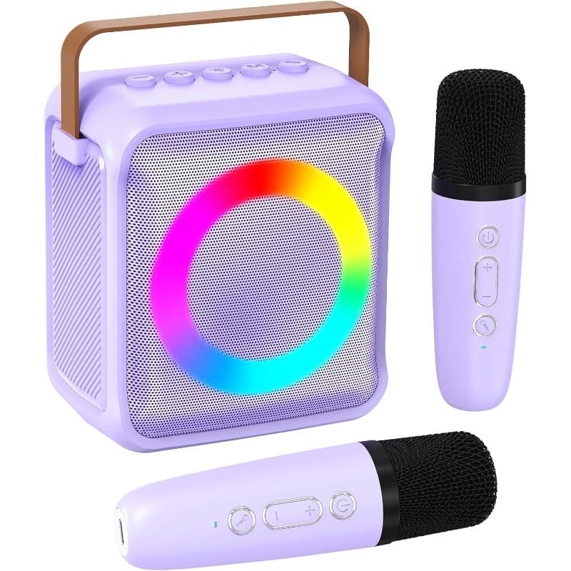 Juguete de Karaoke para niños y adultos con 2 micrófonos luz LED y efectos de cambio de Voz